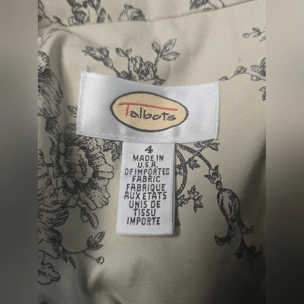 Talbots tan blue 3/4 sleeve button front tunic dress flowers womens size 4